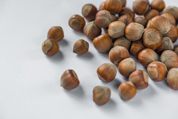 hazelnut on white wooden background