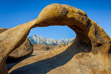 Arch with Boulder and Mountains