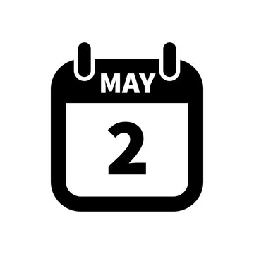 Simple black calendar icon with 2 may date isolated on white