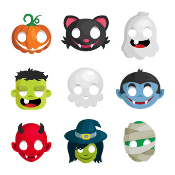 Vector set of Halloween head cartoon icons isolated on white