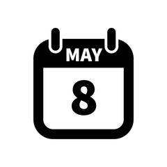Simple black calendar icon with 8 may date isolated on white