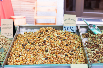 Artisan nuts (frutos secos artesanos). Cocktail nuts (coctel frutos secos) for sale. Sineu market, Majorca, Spain