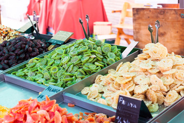 Dried kiwi, pineapple, mango and papaya for sale in the stall of Sineu market, Majorca, Spain