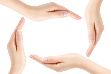 Group of female hands on white background.