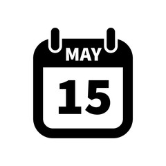 Simple black calendar icon with 15 may date isolated on white