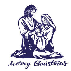 Christmas story. Mary, Joseph and the baby Jesus, Son of God , symbol of Christianity hand drawn vector illustration.