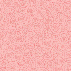 Hand drawn vector pink roses with red outline seamless pattern. Delicate floral ornament.