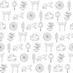 Hand drawn vector travel to asia seamless pattern containing oriental elements contours: umbrellas, planes, suit cases, coins, lanterns, bonsai and torii gates. Ornament on the white background.