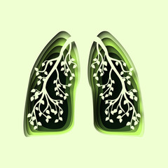 abstract 3d paper cut illustration of green human healthy lungs with branch and leaves. Vector template in paper art