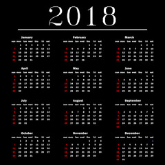 Calendar 2018 on a black background. Vector illustration  template for 2018 years. Black and white
