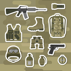 Military weapon guns armor forces american fighter ammunition camouflage sign vector illustration.