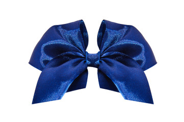 Blue satin gift bow. Ribbon. Isolated on white.