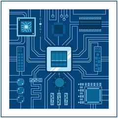 Computer IC chip template microchip on detailed printed circuit board design abstract background vector illustration.