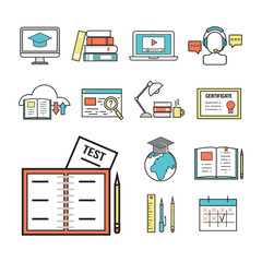 Flat design icons online education staff training book store distant learning knowledge vector illustration