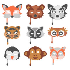 Set of cartoon animals party masks vector holiday illustration party fun masquerade festival decoration.