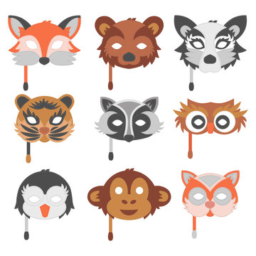 Set of cartoon animals party masks vector holiday illustration party fun masquerade festival decoration.