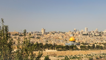 Panoramic view to Jerusalem Old city and the Temple Mount, Dome of the Rock from the Mount of...