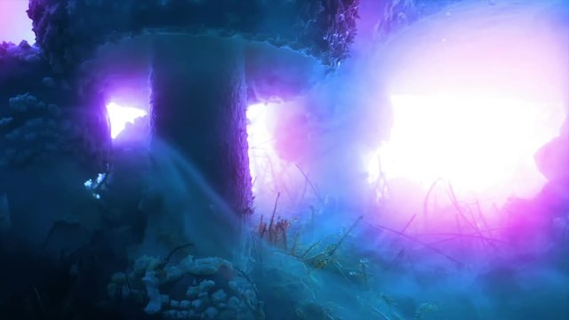 Huge towering amanita muscaria mushrooms psychedelic abstract purple blue lights and swirling fog.mov