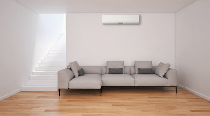 Modern bright living room with air conditioning, 3D rendering illustration