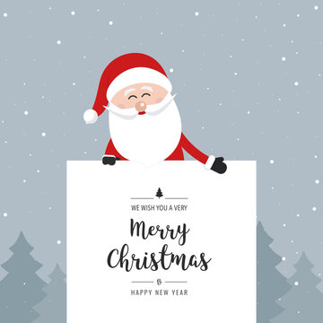santa claus behind banner merry christmas greeting text winter landscape background