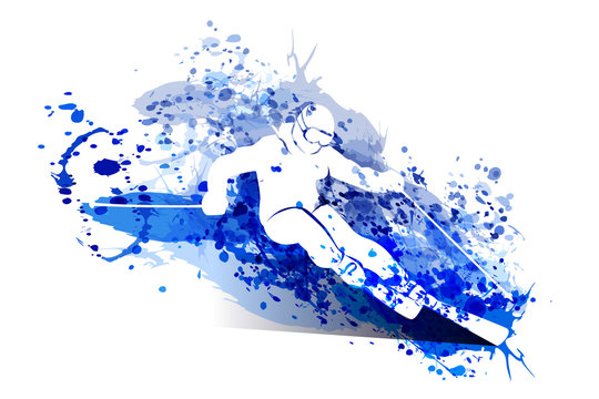 Vector white silhouette skier on watercolor background