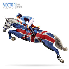 Jockey on horse. Champion. Horse riding. Equestrian sport. Jockey riding jumping horse. Poster. Sport background. United Kingdom flag. Vector illustration.