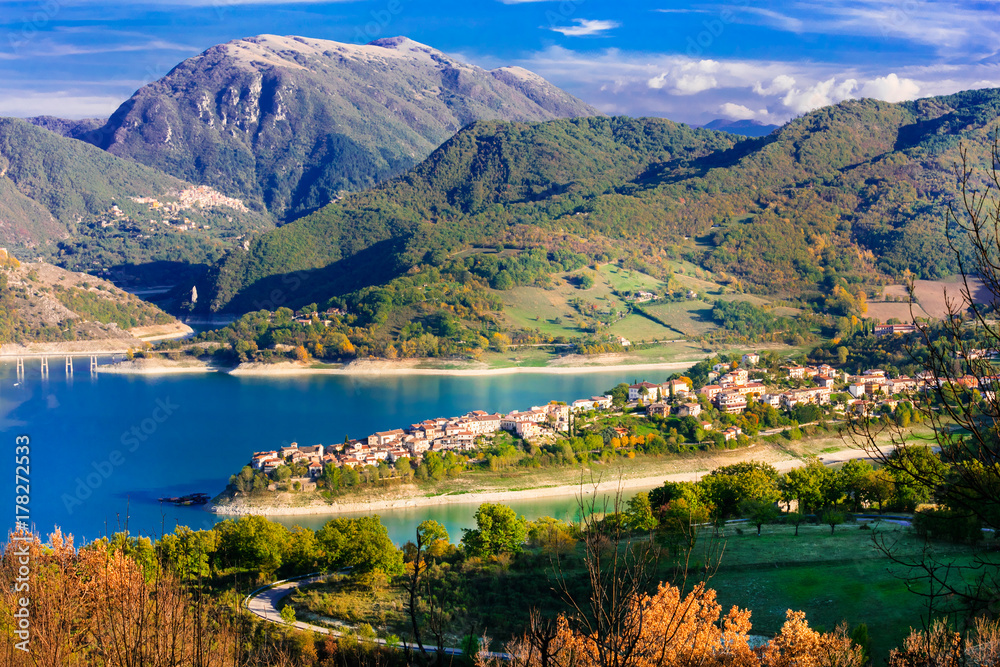 Sticker italian scenic places . beautiful lake turano and village colle di tora. rieti province, italy