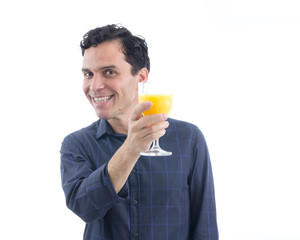 Fototapeta premium Healthy man drinks orange juice. The person is wearing dark blue social shirt. Isolated..