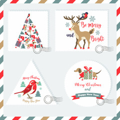 Set of Holiday backgrounds, stamps with funny characters and elements for Christmas or New Year