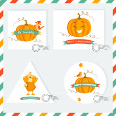 Set of Holiday backgrounds ans stamps with pumpkins, turkey and sparrow for Thanksgiving day