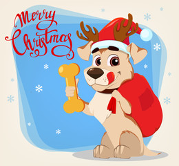 Naklejka premium Funny dog wearing Santa Claus hat and deer antlers holding bag with gifts and tasty bone.