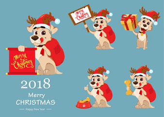 Merry Christmas set. Funny dog wearing Santa Claus hat and deer antlers