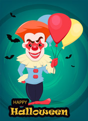 Halloween invitation or greeting card. Smiling evil clown with air balloons.