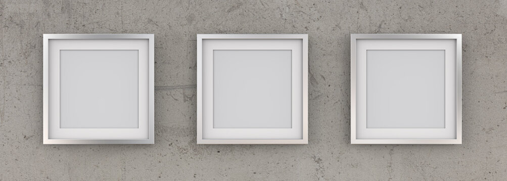 3 Square Picture Frames of Metal on Rough Concrete Wall. Row of 3 Square Metal Frames on rough concrete wall with white Passe-partout. Blank for Copy Space. 3D render.