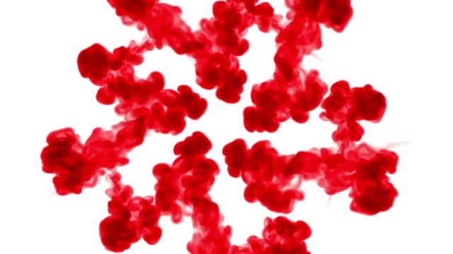 Overhead shot. Red paint dissolves in water and move in slow motion. Use for inky background or backdrop with smoke or ink effects, alpha channel is on use for it luma matte like alpha mask.