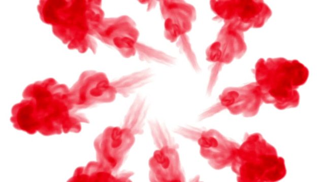 Overhead shot. Red colour dissolves in water and move in slow motion. Use for inky background or backdrop with smoke or ink effects, alpha channel is on use for it luma matte like alpha mask.