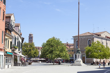 Fototapeta na wymiar Campo Santa Margherita, Dorsoduro, Venice, Veneto, Italy on a hot summer day with locals and tourists