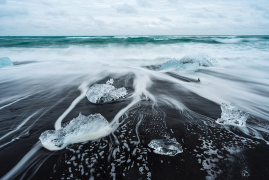 Ice on the beach with black sand in Iceland