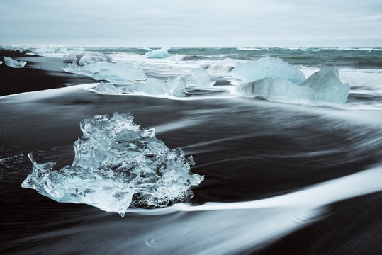 Ice on the beach with black sand in Iceland