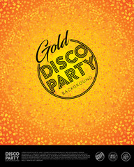 Disco poster. Invitation card. Yellow tinsel, confetti on orange background.