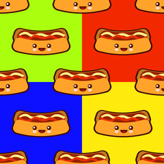 Seamless pattern set with Hot dog cute fast food kawaii characters on colors backgrounds. Flat design Vector Illustration eps