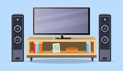 Design TV zone in a flat style. Interior living room with furniture, tv set and shelf. Vector illustration. EPS