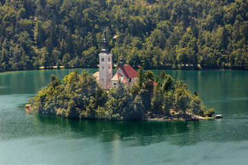 View of famous island and Church of Bled in Slovenia,