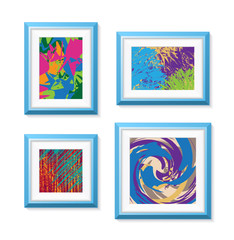 Set of Realistic Minimal Isolated Blue Frames with Abstract Art Scenes on White Background for Presentations . Vector Elements