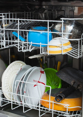 Dirty dishes loaded in a dishwasher