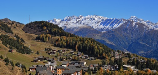 Fototapeta na wymiar Riederalp, village and holiday resort in Valais Canton, Switzerland. Autumn day.
