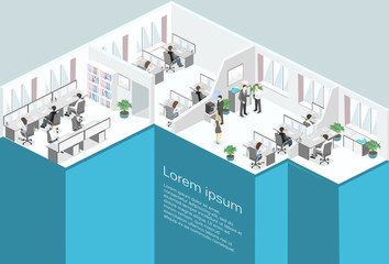 Flat 3d isometric office floor interior departments concept vector.