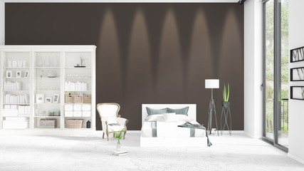 Scene with brand new interior in vogue with white rack and modern bed. 3D rendering. Horizontal arrangement.