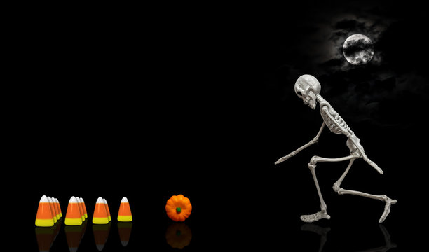 Halloween Skeleton Bowling A Pumpkin Into Candy Corn Pins During The Night Under A Nice Moon Covered With Dark Clouds