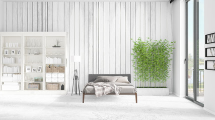 Scene with brand new interior in vogue with white rack and modern bed. 3D rendering. Horizontal arrangement.